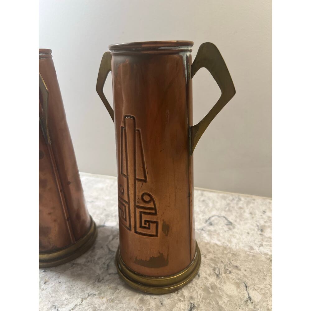 2 Gebrüder Bing Nuremberg Vases Circa 1900-10 Brass Copper Geometric JL - Picture 3 of 11
